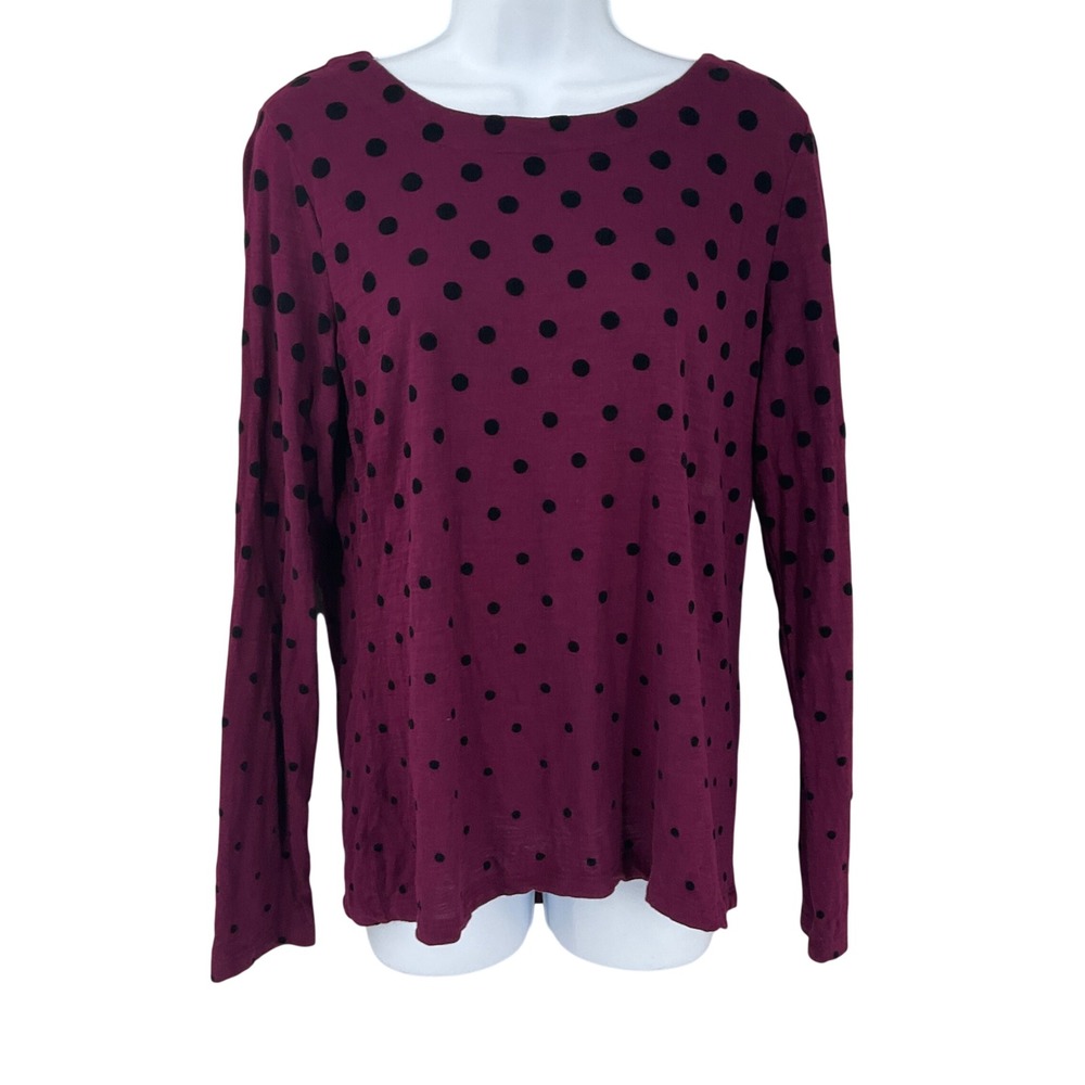 Talbots Polka Dot Top Womens LP Purple Cotton Flocked Long Sleeve Classic Preppy